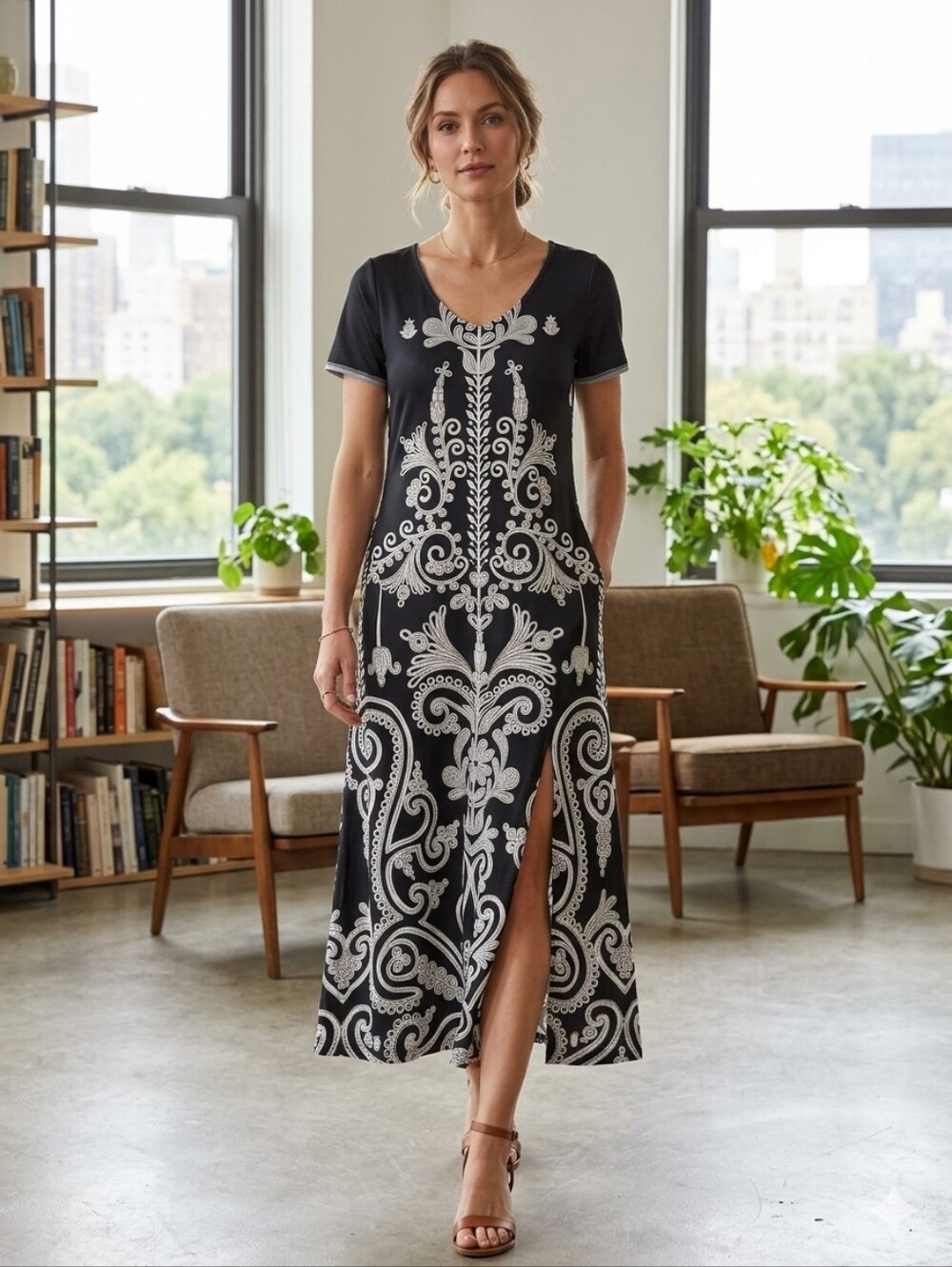 NWT ShallWe Black White Scroll Print Midi Dress Small